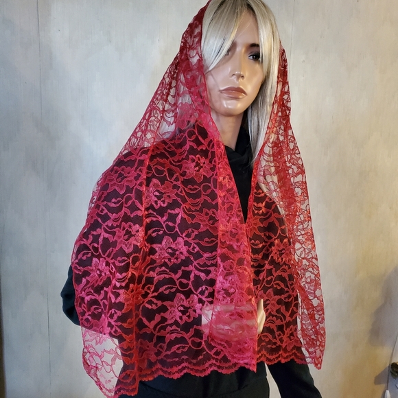 Veiled Woman Red Lace Rectangle Mantilla Chapel Veil Wrap Pentecost Weddings - Picture 1 of 7